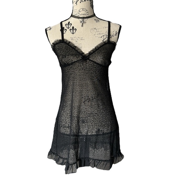 Dresses & Skirts - Y2K Black Leopard Print Sheer Mesh Lace Ruffle Trim Slip Mini Dress